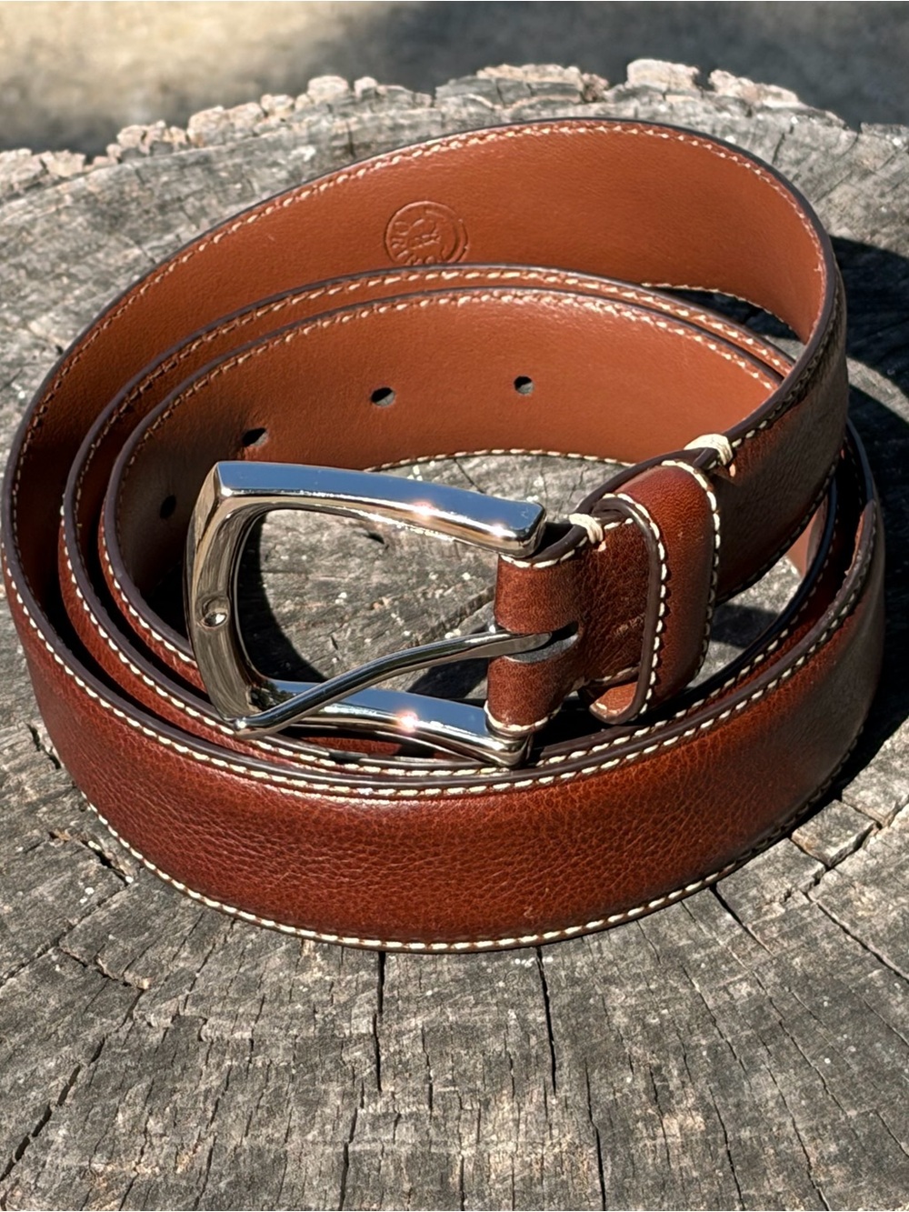 Men's Brown Leather Belt with Polished Silver Buckle NWOT